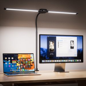 Quntis Dual-Head LED Desk Lamp with Clamp. Ultra-Wide Office Lamp for Dual Monitors. 360?? Flexible Gooseneck Architect Lamp with Auto-Timer & Touch Control. CRI>90 Eye-Caring Task Light - Black
