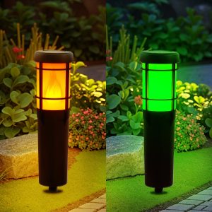 Quntis RGB and Flickering Flame Solar Torch Lights. 2 Color Modes IP65 Waterproof Lighting for Halloween and Garden Decor
