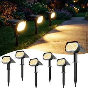 Quntis 2700K Warm White Solar Spotlights. 28 LED USB-C Powered 3 Lighting Modes. IP67 Waterproof Lighting for Garden