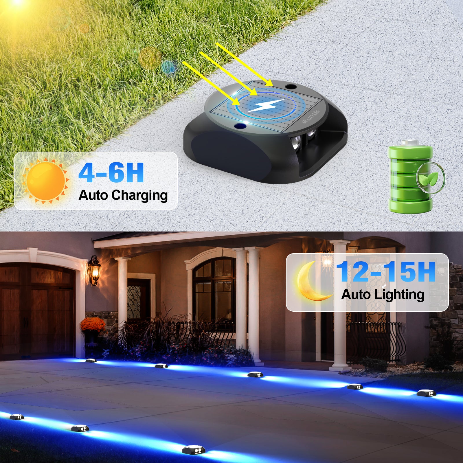 Quntis Solar Deck Lights Outdoor. Two-Way LED Blue Light Ground Lights. IP65 Waterproof Dusk to Dawn Lighting for Pathway. Step. Driveway and Garden - Image 4