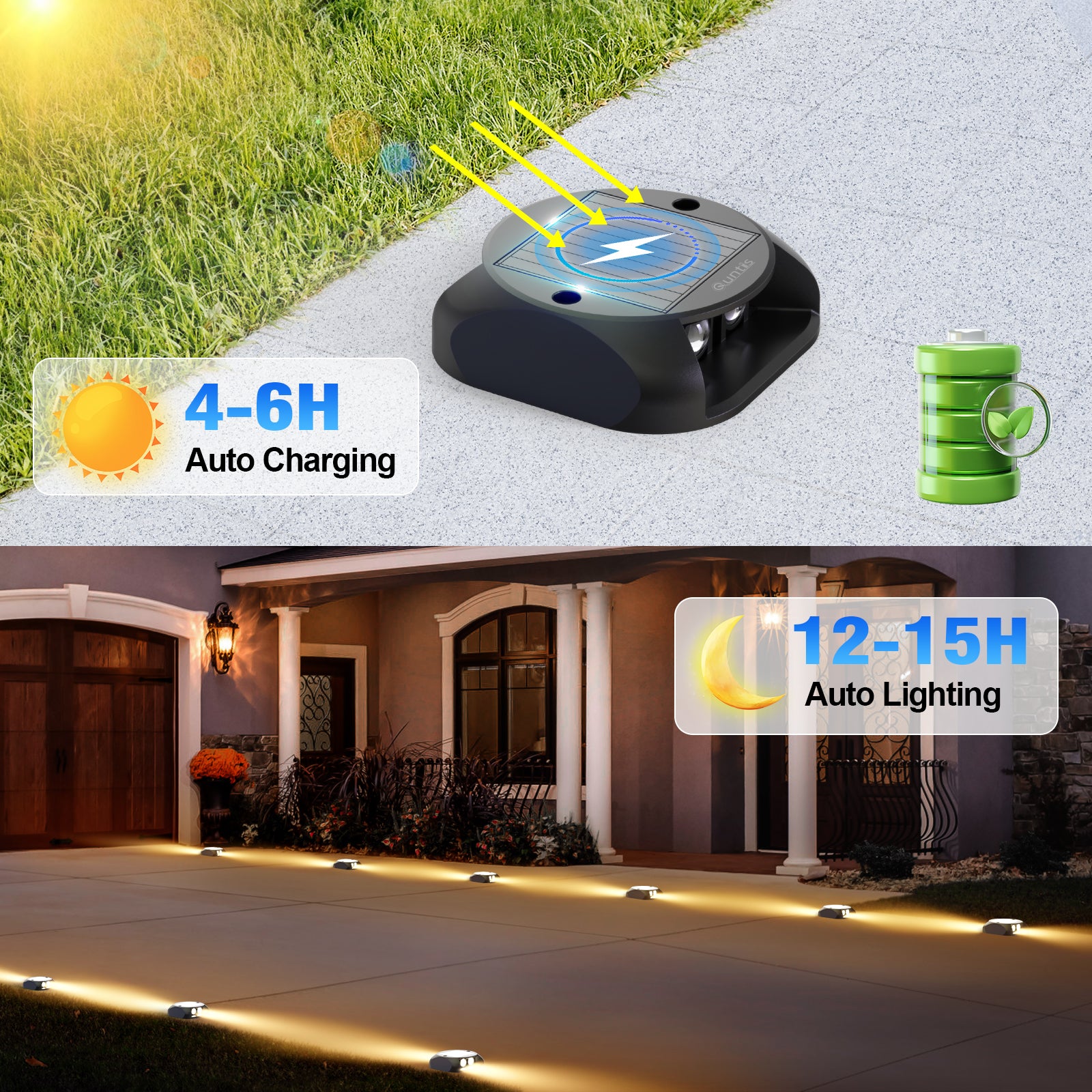 Quntis Solar Deck Lights Outdoor. Two-Way LED Warm White Ground Lights. IP65 Waterproof Dusk to Dawn Lighting for Pathway. Step. Driveway and Garden - Image 4