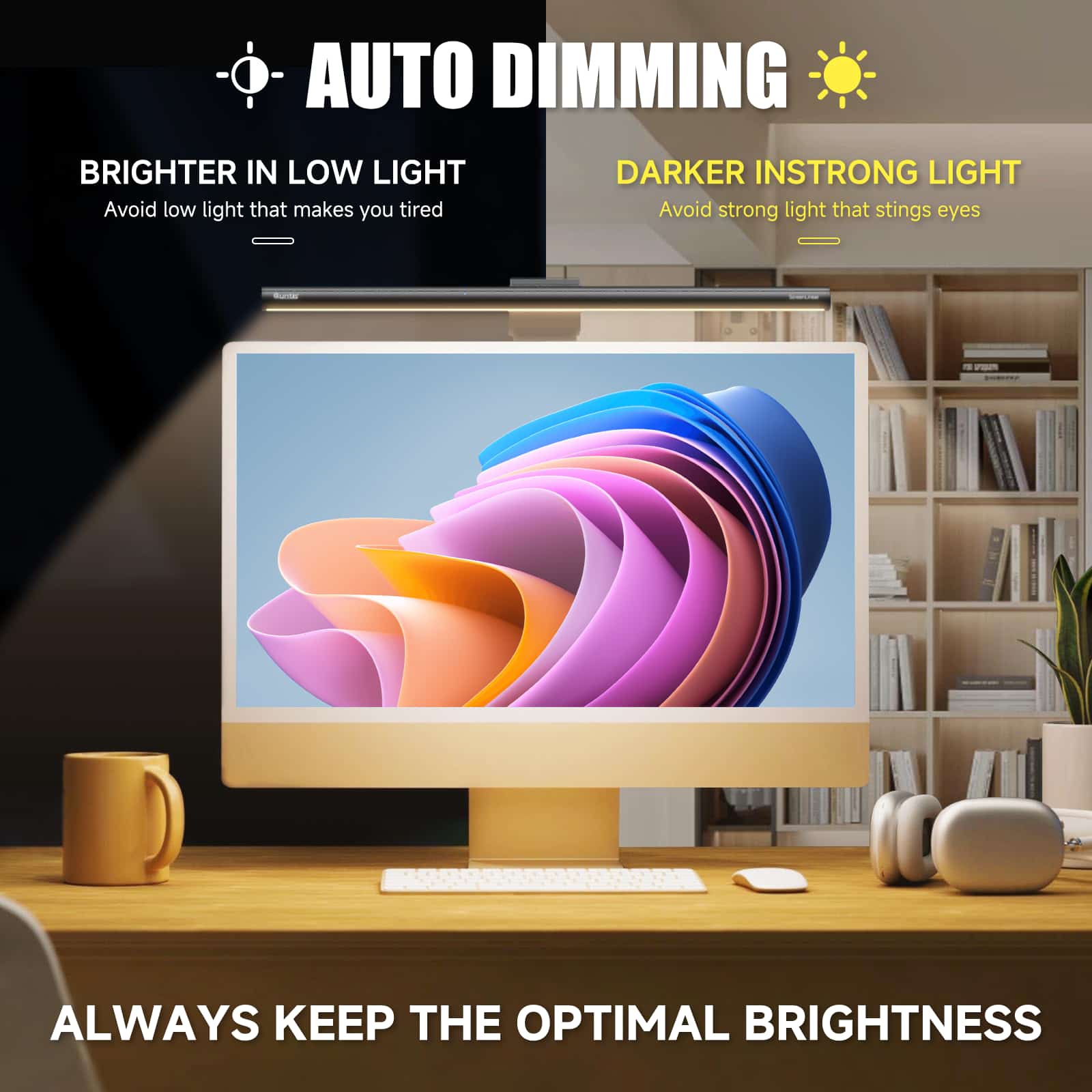 Quntis Eye-Care LED ScreenBar with Wireless Remote Control & Camera Base. Auto-Dimmable Computer Monitor Light for 21-27 Flat/Curved Monitors. Flicker-Free USB Desk Lamp for Remote Office - Image 6