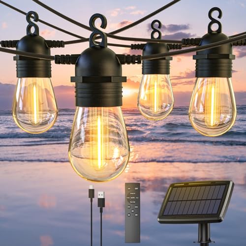 Quntis 52FT Solar String Lights. Shatterproof G40 LED Bulbs with Remote. Warm White Waterproof Lighting for Garden