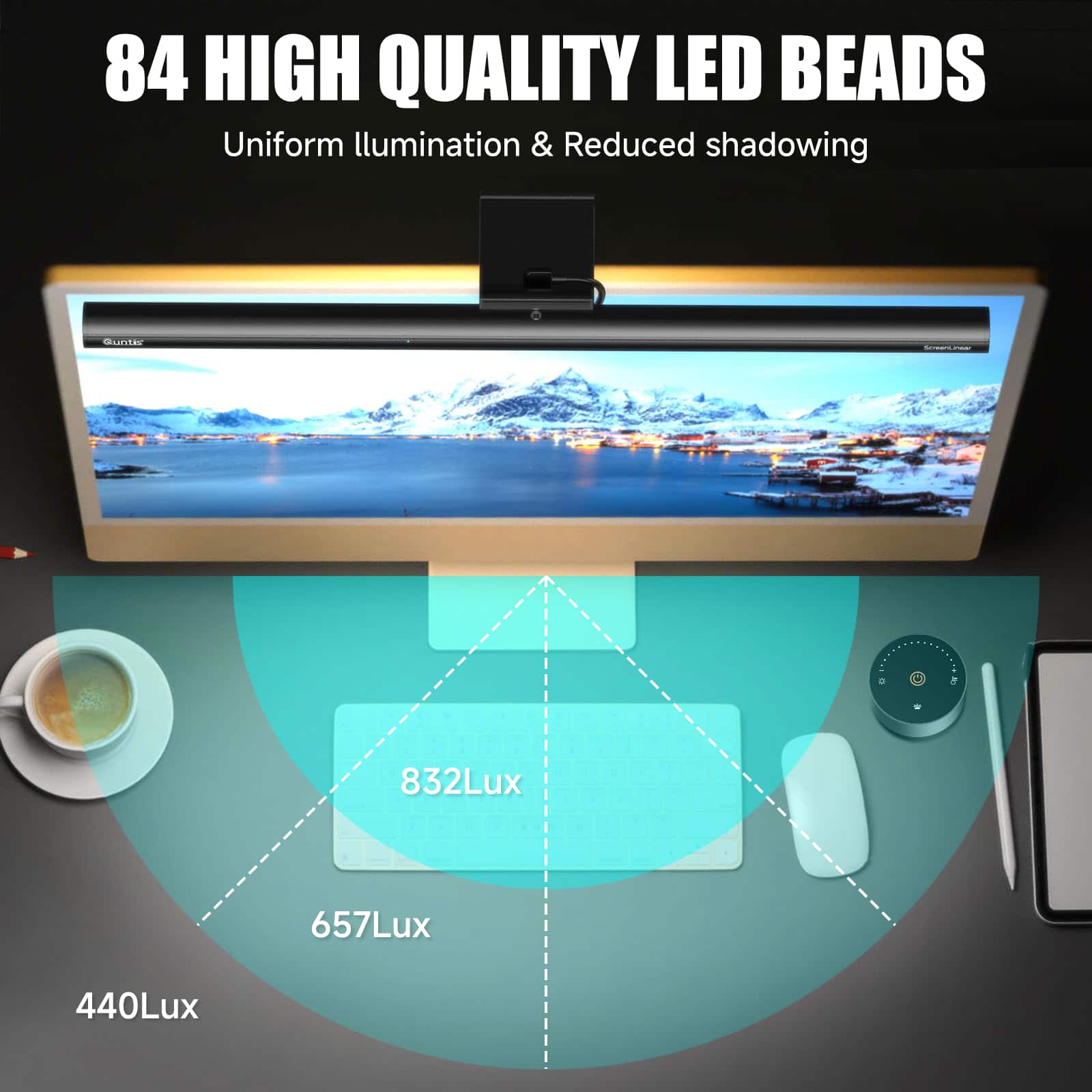 Quntis Eye-Care LED ScreenBar with Wireless Remote Control & Camera Base. Auto-Dimmable Computer Monitor Light for 21-27 Flat/Curved Monitors. Flicker-Free USB Desk Lamp for Remote Office - Image 4