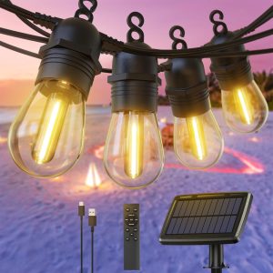 Quntis 57FT Solar String Lights. Shatterproof S14 LED Bulbs with Remote. 4 Modes and Timer Waterproof Lighting for Garden