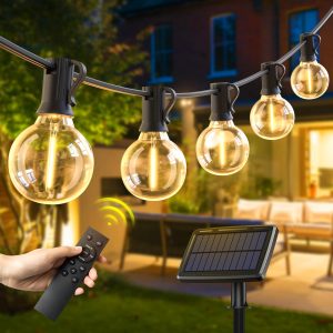 Quntis Solar String Lights Outdoor Waterproof with Remote 4 Light Mode. 106ft 50+3 Bulbs Type-C & Solar Powered G40 LED String Lights with Dimming. Shatterproof Hanging Lights for Backyard Decor