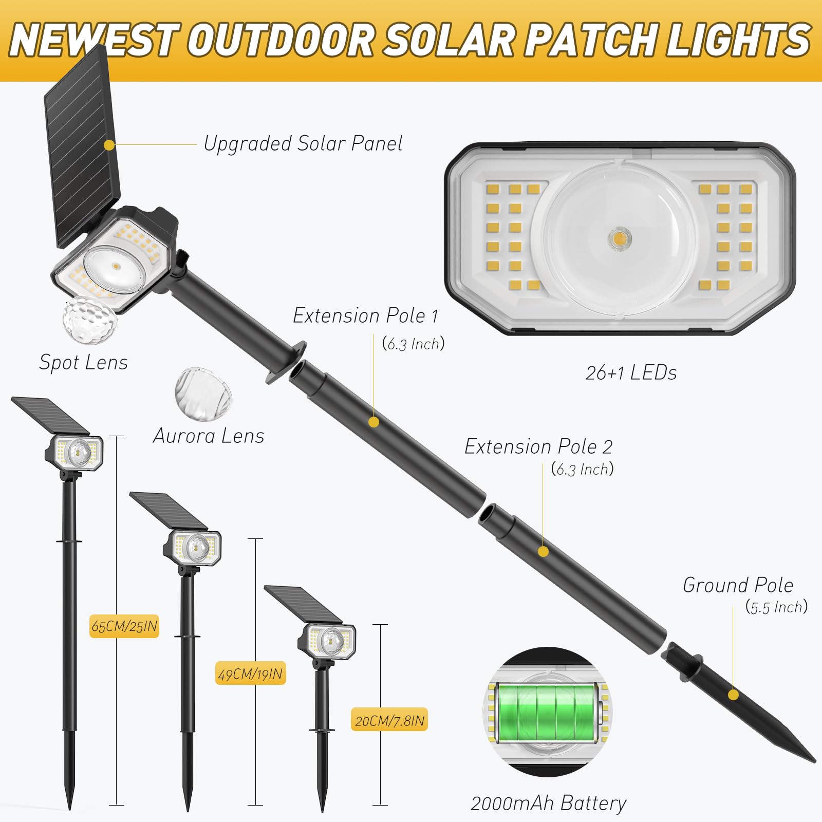 Quntis Super Bright Solar Spotlights. 26+1 LED 3 Warm Lighting Modes. 2 in 1 Adjustable Landscape Lights for Garden and Yard - Image 3