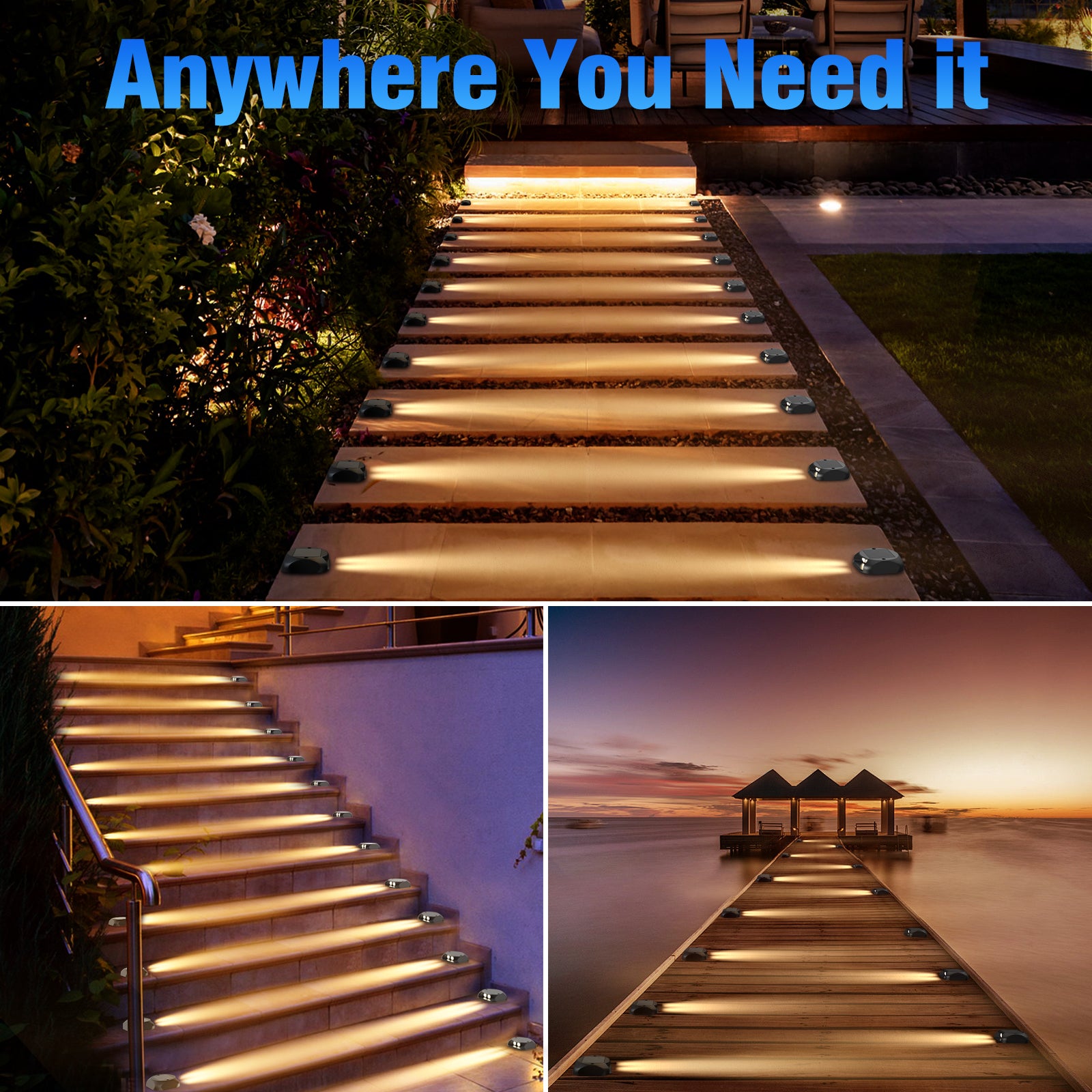 Quntis Solar Deck Lights. IP65 Waterproof Warm White Dusk to Dawn Outdoor Ground Lights for Deck. Step & Pathway - Image 10