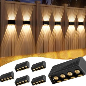 Quntis 6-Pack RGBCW Solar Fence Lights. Up and Down Wall Lights. 8 LED. 13 Color Modes. IP65 Waterproof. Outdoor Solar Lights for Garden. Porch. Yard. Stairs