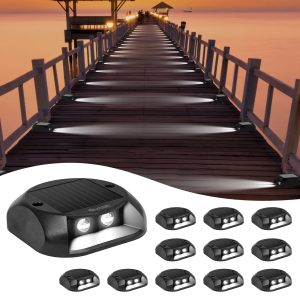 Quntis Solar Deck Lights Cool White. IP65 Waterproof Dusk to Dawn Ground Lights. High Visibility Solar Powered Outdoor Lighting for Deck. Step and Pathway