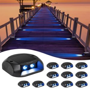 Quntis Solar Deck Lights Blue. IP65 Waterproof Dusk to Dawn Ground Lights. High Visibility Solar Powered Outdoor Lighting for Deck. Step and Pathway