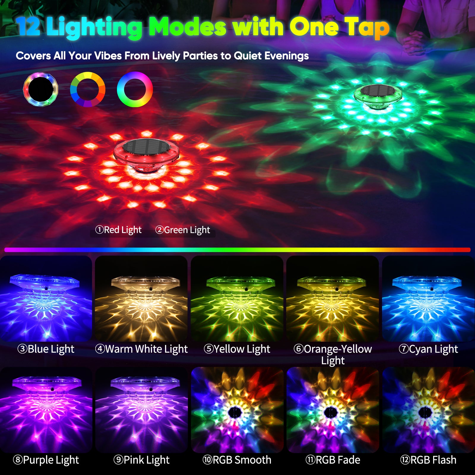 Quntis 6 Solar Floating Pool Lights. IP68 Waterproof RGB Changing Screen Lamps with Remote - Image 4