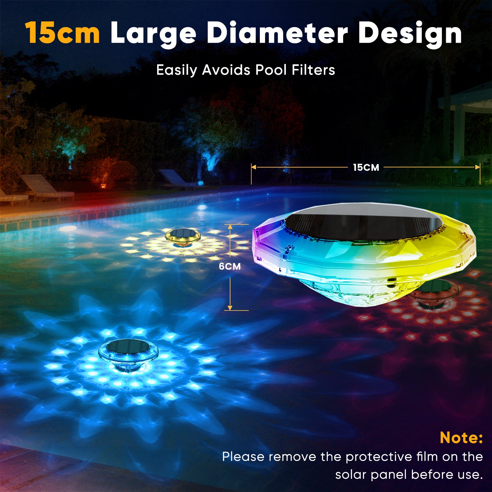 Quntis 6 Solar Floating Pool Lights. IP68 Waterproof RGB Changing Screen Lamps with Remote - Image 2