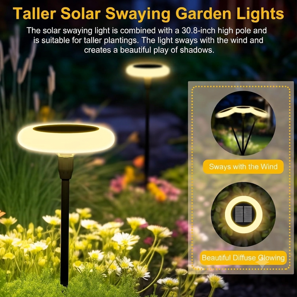 Solar UFO High-Pole Swaying Garden Lights - Outdoor Decorative Landscape Stakes. Wind-Dancing Firefly Solar Pathway Lights for Yard. Patio. Pathway. and Lawn Decor - Image 2