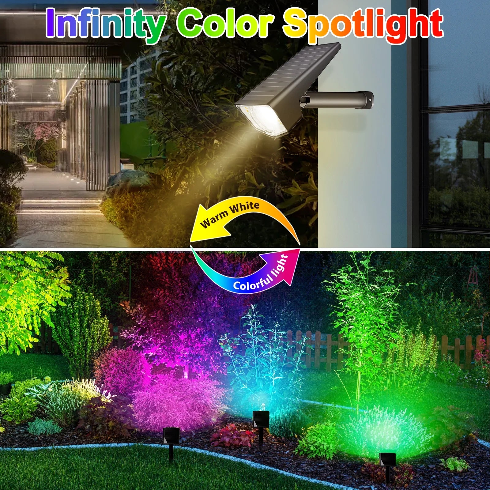 Quntis RGB Color Changing Solar Spotlights. Decorative IP65 Waterproof Landscape Lighting for Garden and Yard - Image 2
