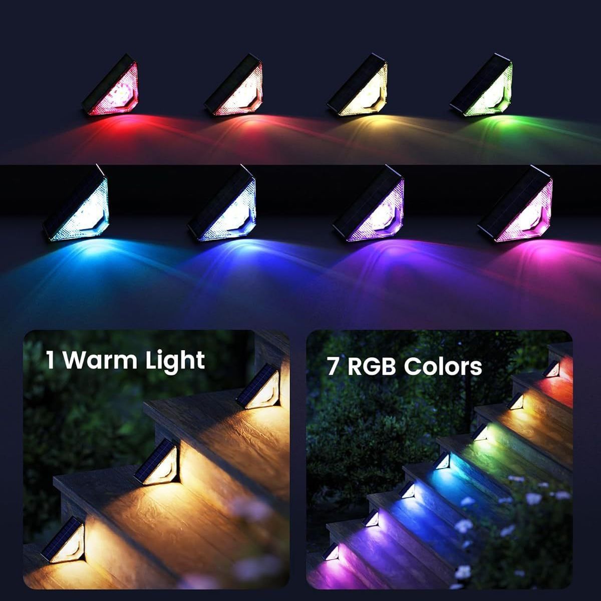 Quntis RGBWW Solar Step Lights. Warm White and 7 Colors. IP65 Waterproof Triangle Solar Lighting for Outdoor Stairs - Image 3