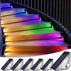 Quntis RGBWW Solar Step Lights. Warm White and 7 Colors. IP65 Waterproof Triangle Solar Lighting for Outdoor Stairs