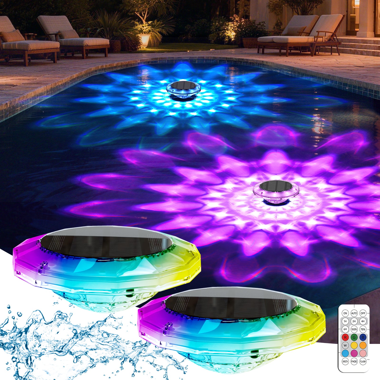 Quntis 6 Solar Floating Pool Lights. IP68 Waterproof RGB Changing Screen Lamps with Remote